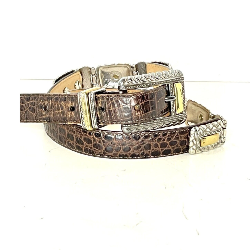 Brighton Western Belt Brown Croc Embossed Silver Gold Accents Size Small 44209